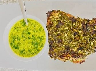 Butterflied Lamb Leg Topped with Mediterranean Mint Sauce